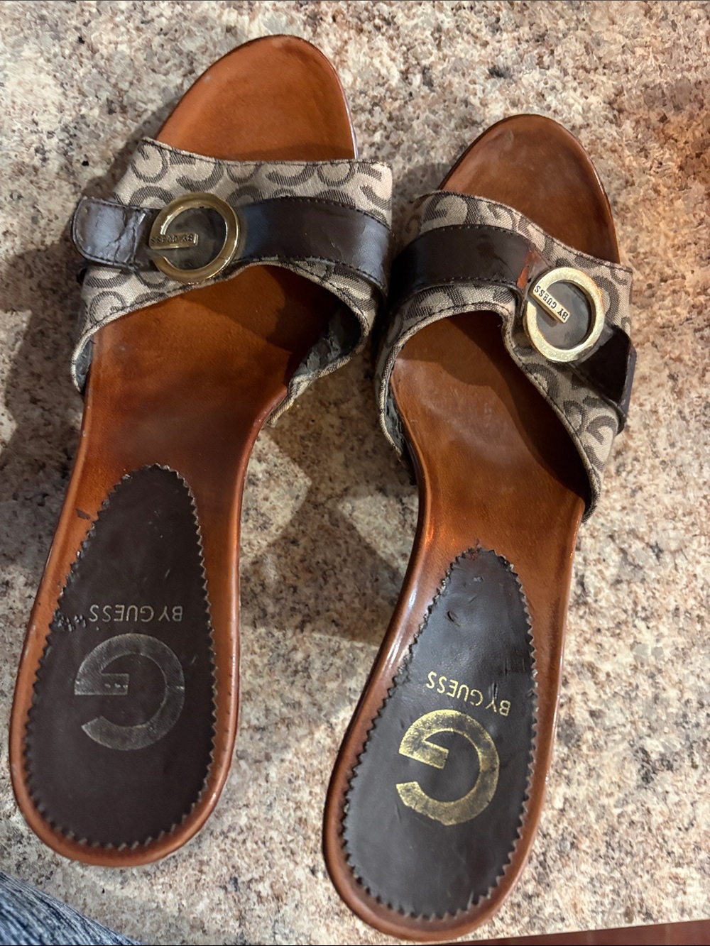 Guess Brown Logo Print Slide Mules with Gold-Tone Buckle! Cute!!